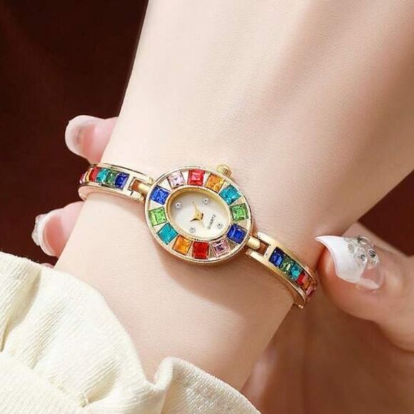 SALE 18k Gold Filled Crystal Quartz Rainbow Color Block Wrist Watch - Picture 3 of 8